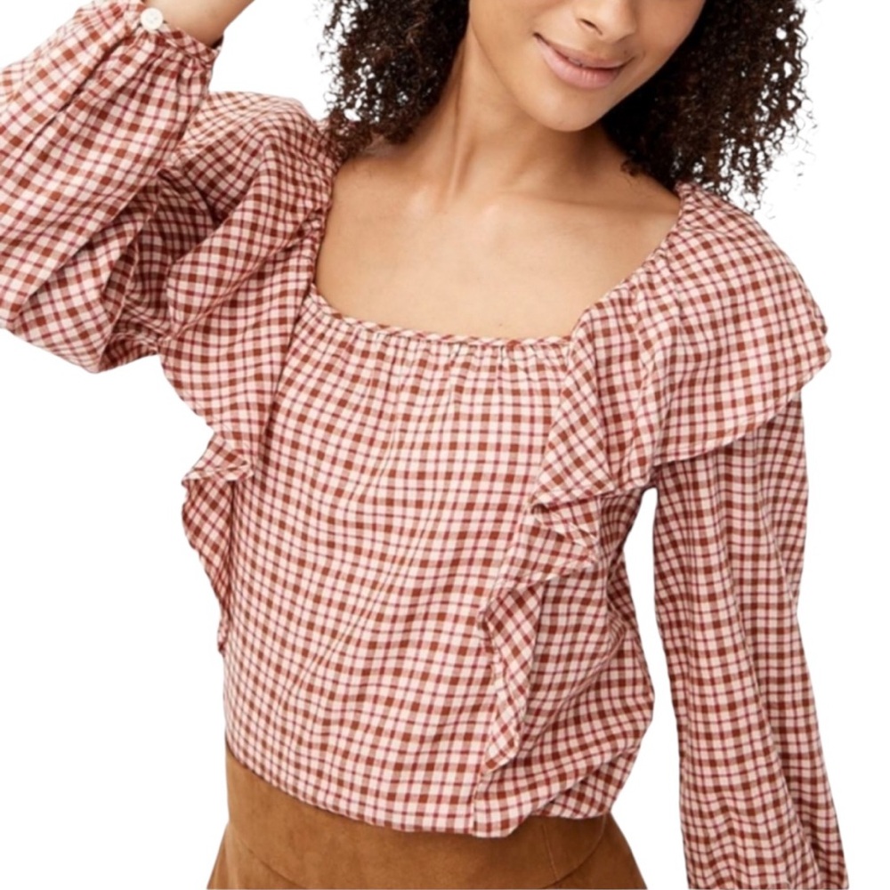 J. Crew Dusty Ivory Brick Red Flannel Gingham Blouse with Ruffle Detail - Picture 2 of 12